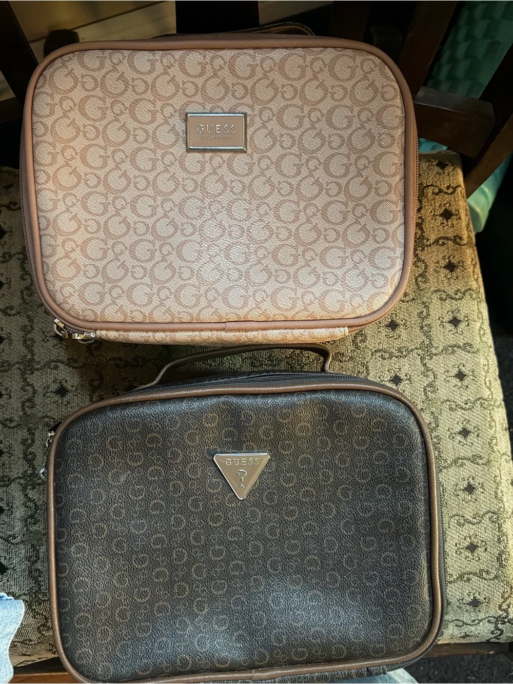 Guess Duo Monogram Cosmetic Cases in Light Tan & Dark Brown
